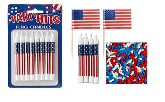 Oasis Supply, All American Bundle - 8-Pack Patriotic Birthday Candles, 6 USA! Food Flag Picks, & 4oz Red, White, & Blue Sprinkles