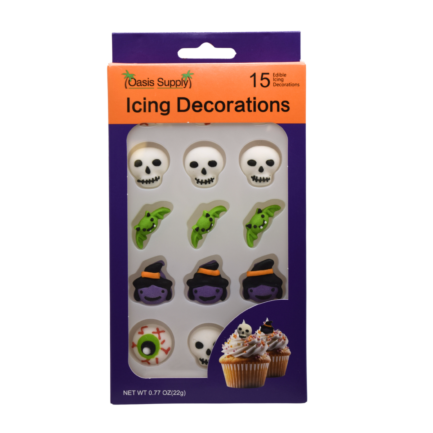 Halloween Edible Cake Decorations - Candy or Cupcake Topper - 15 Count Eyes, Skulls, Witches, Bats