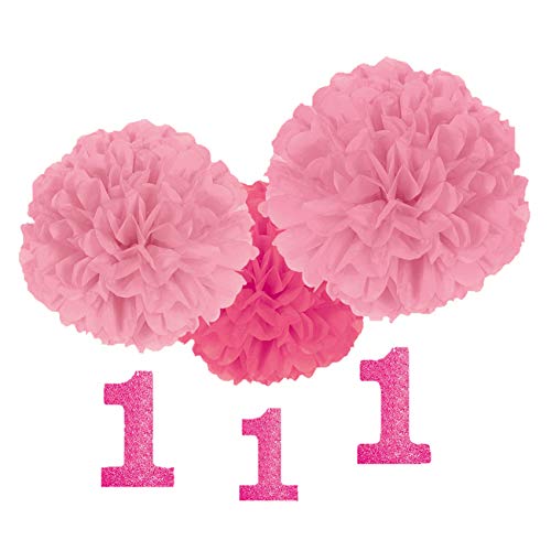 Amscan 1st Birthday Fluffy Decorations w/Danglers - Pink , 1 set
