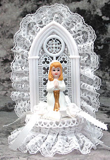 Religious Girl Caketops, Porcelain Praying Girl with Altar, R475G, 7" high