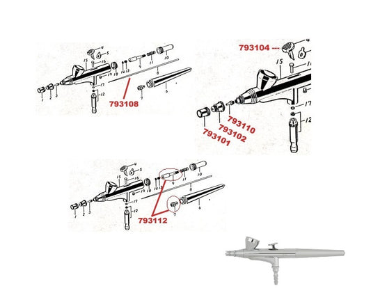 Airbrush Equipment - Parts for the Basic Single Action Airbrush Gun, Needle, Nozzle, Trigger, etc