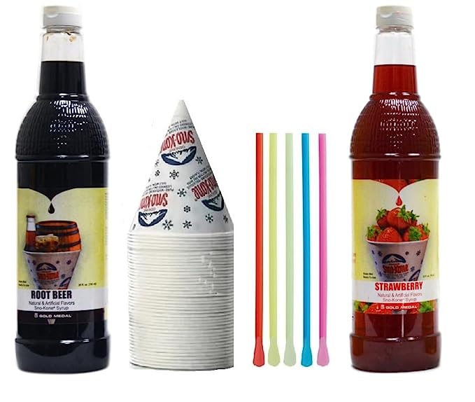 Snow Cone Kit - Bundle of Syrup Bottles, Spoon Straws, Cups - Snow Cone Supplies for Ice Chips, Sodas, & More