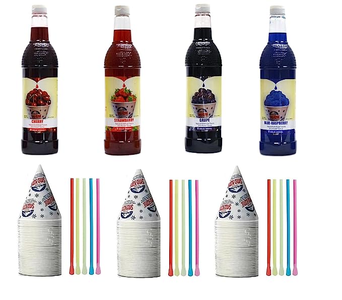 Snow Cone Kit - Bundle of Syrup Bottles, Spoon Straws, Cups - Snow Cone Supplies for Ice Chips, Sodas, & More