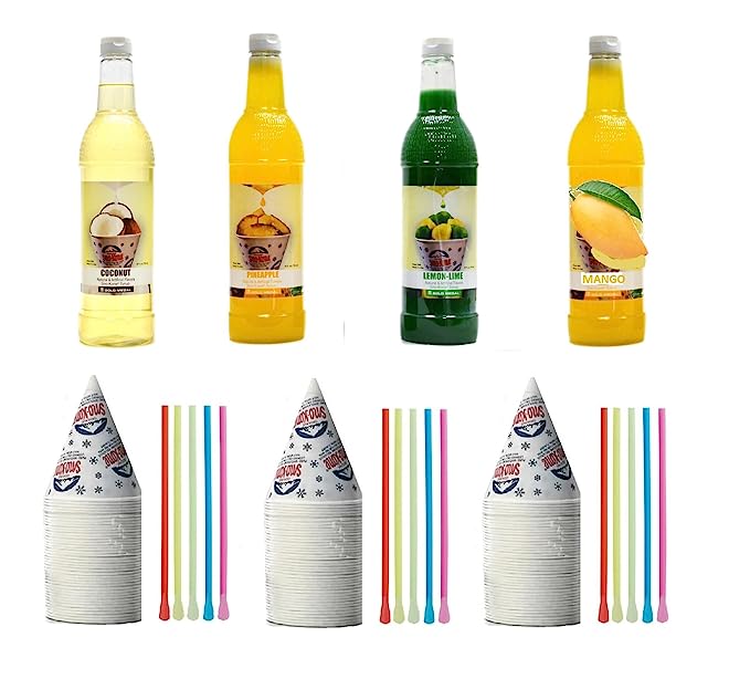 Snow Cone Kit - Bundle of Syrup Bottles, Spoon Straws, Cups - Snow Cone Supplies for Ice Chips, Sodas, & More
