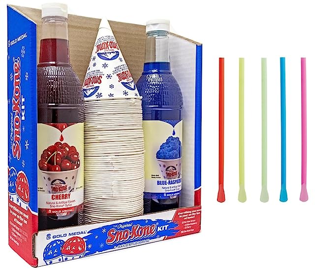 Snow Cone Kit - Bundle of Syrup Bottles, Spoon Straws, Cups - Snow Cone Supplies for Ice Chips, Sodas, & More