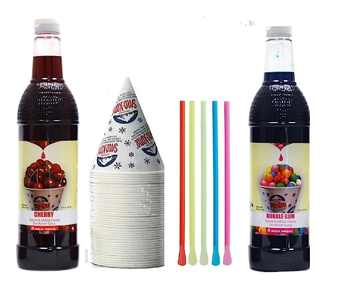 Snow Cone Kit - Bundle of Syrup Bottles, Spoon Straws, Cups - Snow Cone Supplies for Ice Chips, Sodas, & More