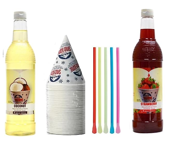Snow Cone Kit - Bundle of Syrup Bottles, Spoon Straws, Cups - Snow Cone Supplies for Ice Chips, Sodas, & More