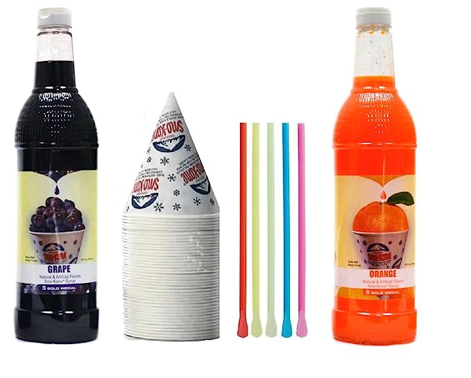 Snow Cone Kit - Bundle of Syrup Bottles, Spoon Straws, Cups - Snow Cone Supplies for Ice Chips, Sodas, & More