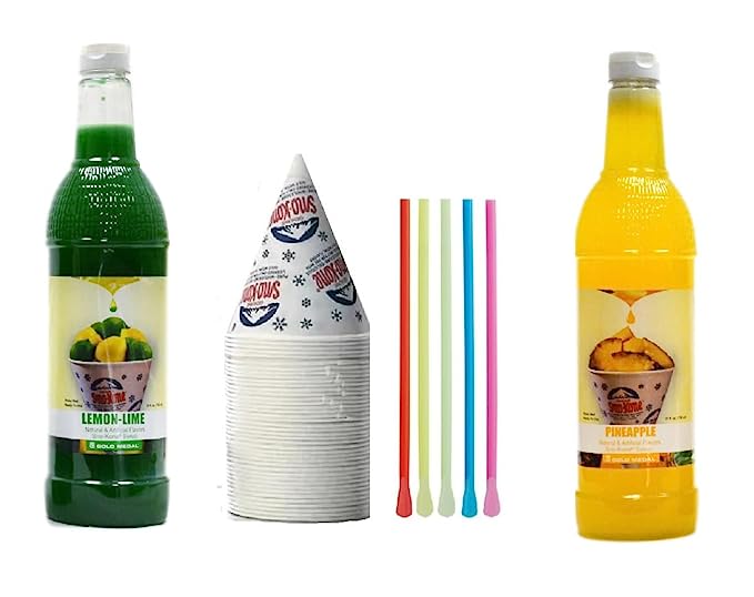 Snow Cone Kit - Bundle of Syrup Bottles, Spoon Straws, Cups - Snow Cone Supplies for Ice Chips, Sodas, & More