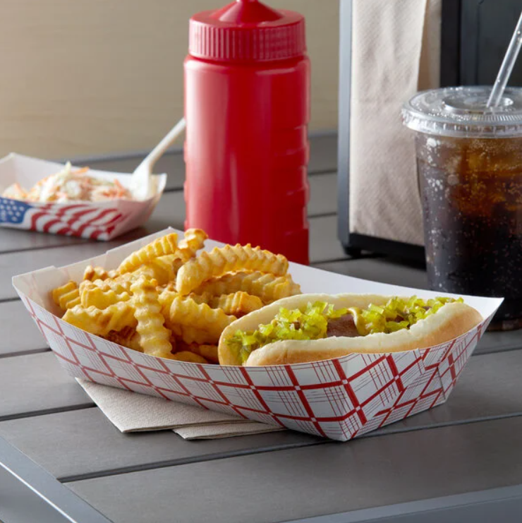 Disposable Red and White Checkered Paperboard Food Trays, Carnivals, Fairs, Festivals, and Picnics. Holds Nachos, Fries, etc. Eco Friendly, Holds .25 LB., Ct. 100 pcs