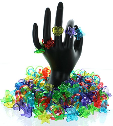 Plastic Glitter Rings, Assorted Colors and Designs- 144 Count