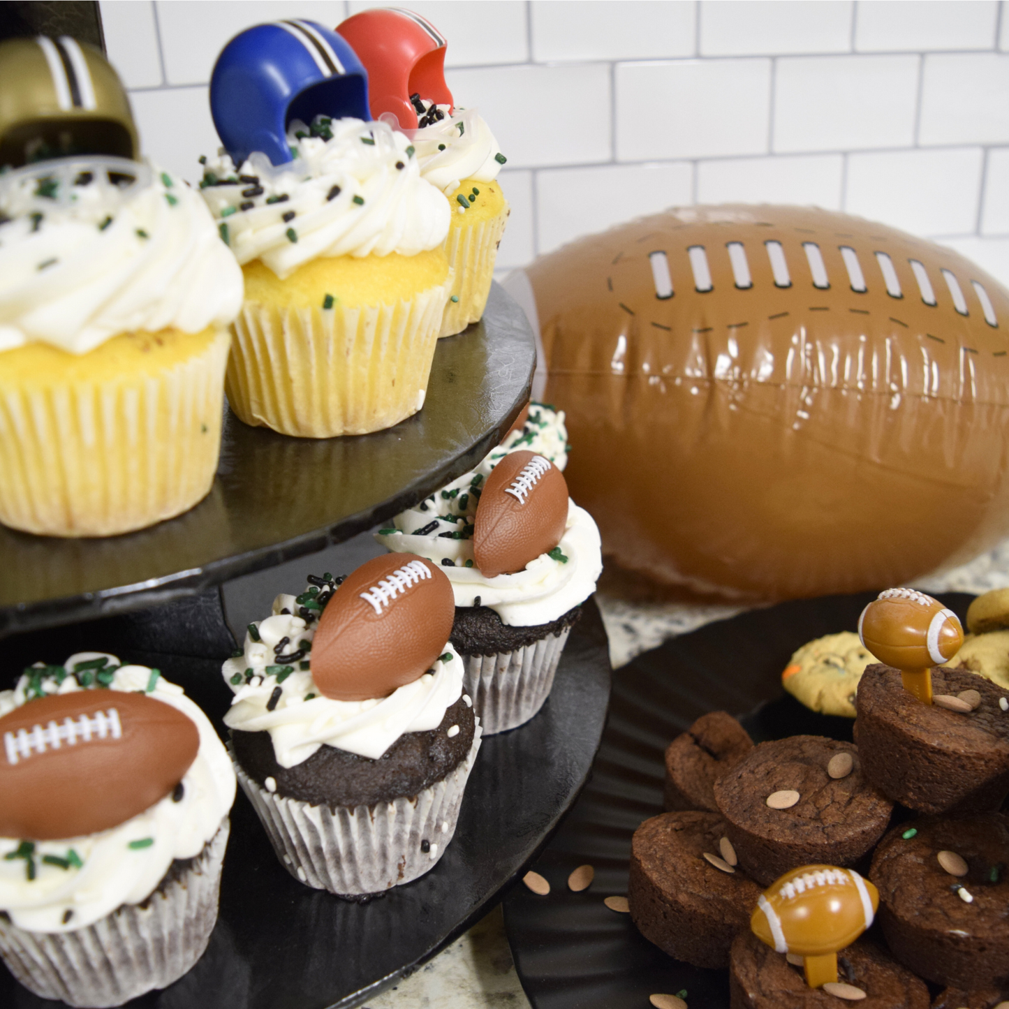 Oasis Supply Football Party Decoration Kit (Available for Pre-Order)- 32 Pieces, Includes 8 Helmets, 8 Football Rings, 8 Football Picks, 1 oz Football Quins and Two 2oz Bags of Team Color Sprinkles