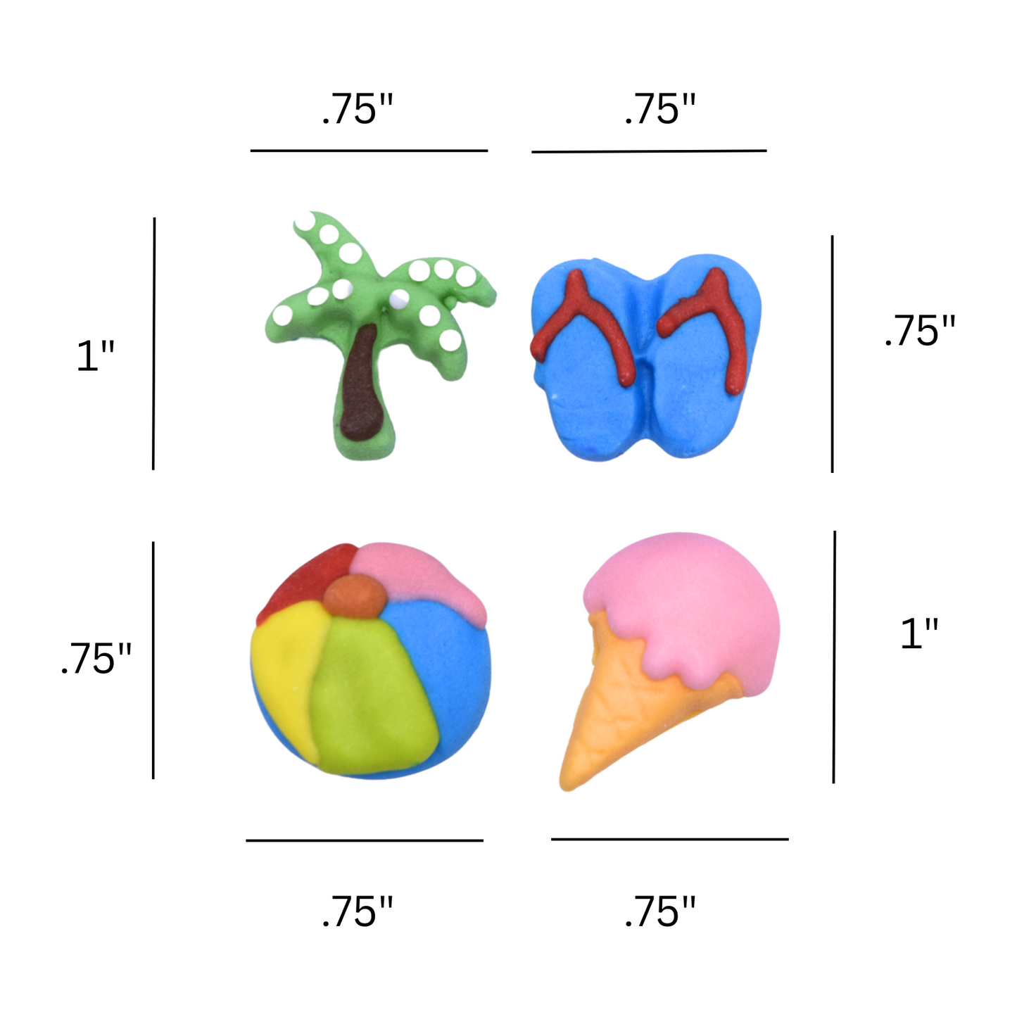 Beach - Edible Cake and Cupcake Topper Sugars, 15 Count Set, Ice Cream, Palm Trees, Sandals, Beach Ball