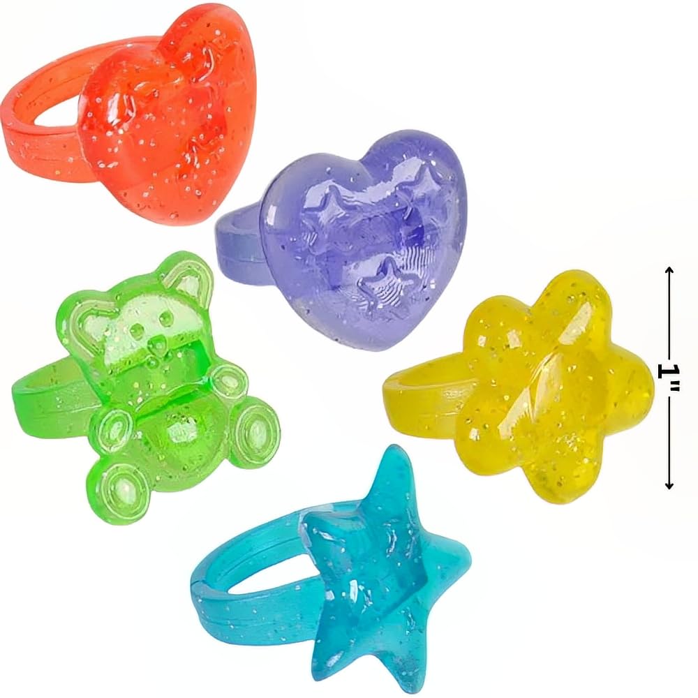 Plastic Glitter Rings, Assorted Colors and Designs- 144 Count