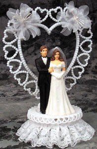 Wedding Cake Topper - E780 -  Bride & Groom, Hearts & Flowers Topper, 9 1/2" high