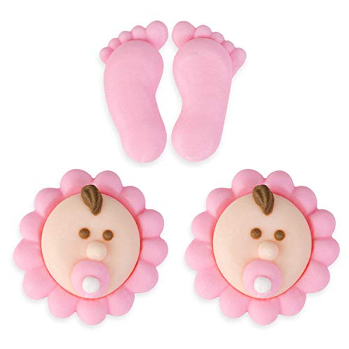 Edible Royal Icing Decorations - Pink Baby Feet & Face - 12 count