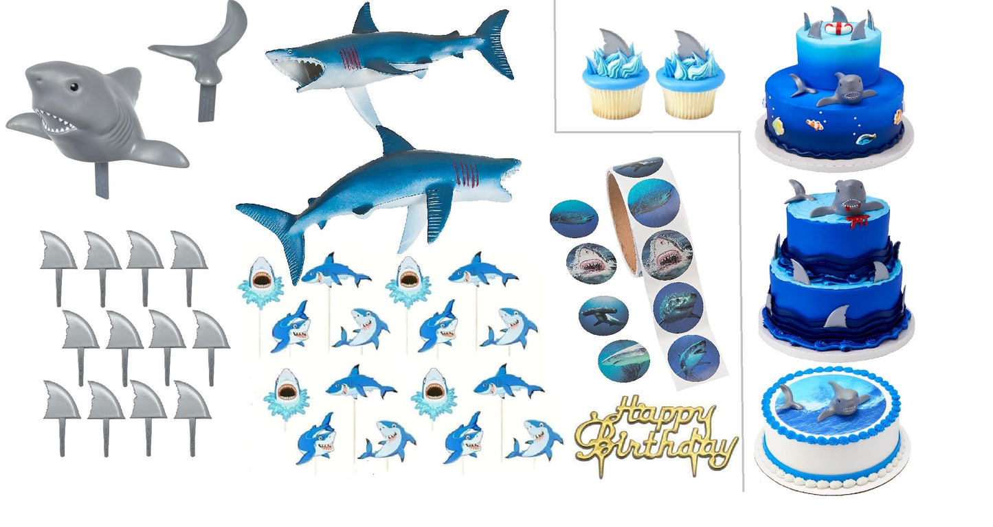 Oasis Supply, 44 Piece Meg SHARK Cake Toppers Party Kit #6, Includes a Shark Creations Topper, Lg Blue Sharks, Shark Fin Picks, Shark Stickers, Comical Jumping Shark Cupcake Picks, & a Gold HBD Sign