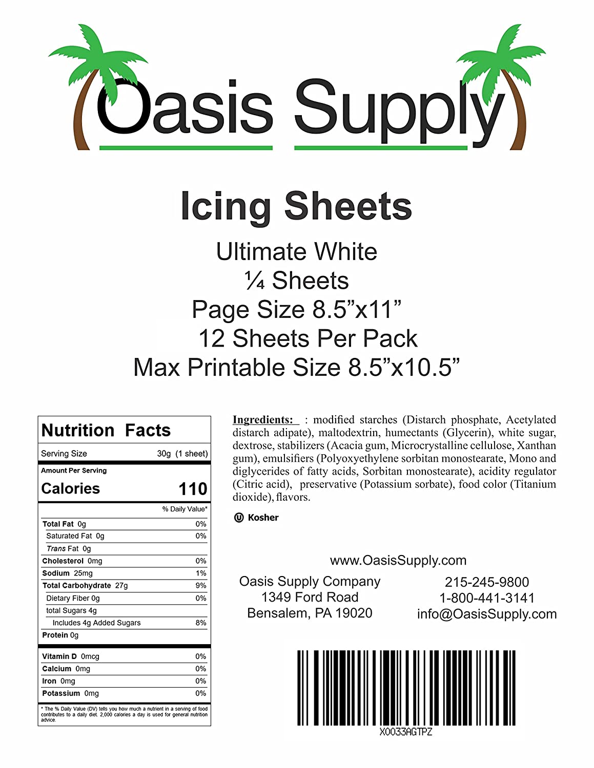 ***NEW****Oasis Supply Ultra Premium, Pliable, Non Cracking Icings Sheets, White (8.5" x 11.5") Available in 12 or 24 cts