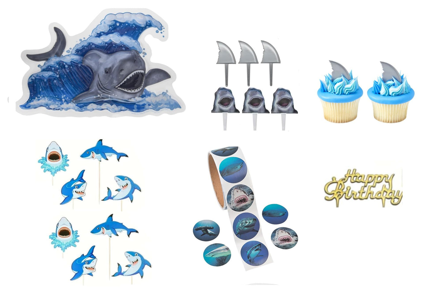 Oasis Supply, 22 Piece SHARK Cake Toppers, Kit #4 Includes 1-Large Shark Pop-Top, 3-Shark Fin Cake Picks, 3-Shark Mouth Cupcake Picks, 8-Jumping Shark Pics, 6-Shark Stickers, & a Happy Birthday Sign