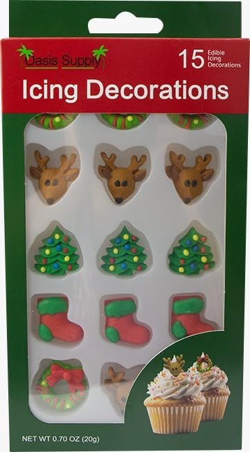 Christmas Edible Cake Decorations - Candy or Cupcake Topper -Gingerbread Man, Santa Face, Trees, Wreaths, Reindeer, & Christmas Boots 60 Pieces Total