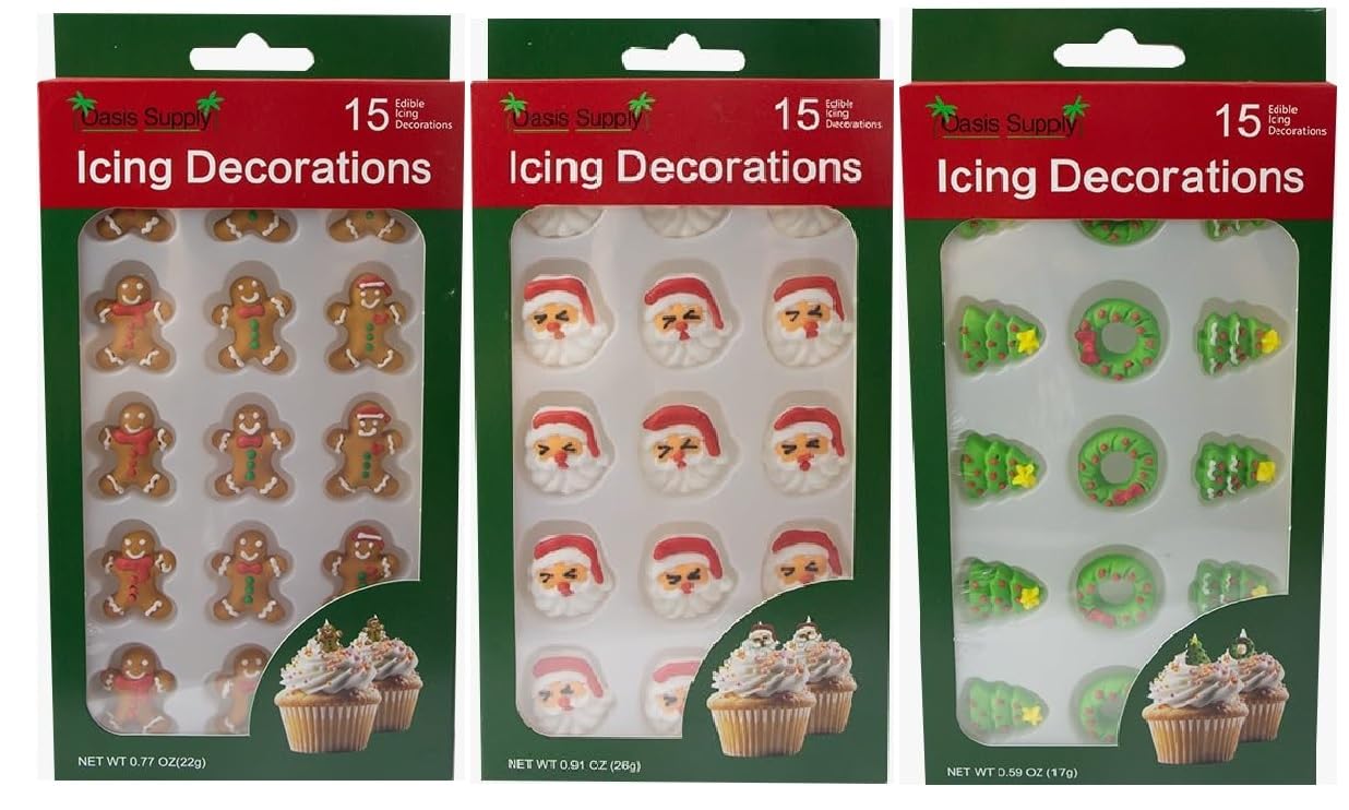 Christmas Edible Cake Decorations - Candy or Cupcake Topper -Gingerbread Man, Santa Face, Trees and Wreaths, 45 Pieces Total