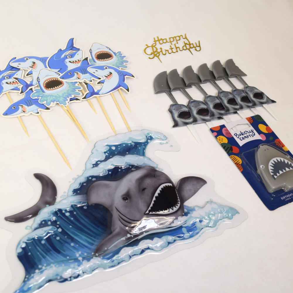 Oasis Supply, 33 Piece SHARK Cake Toppers for Parties, Kit #2 Includes 12-Shark Fin Cake Picks, 12-Shark Mouth Cupcake Picks, 8-Jumping Shark Pics, and a Happy Birthday Sign