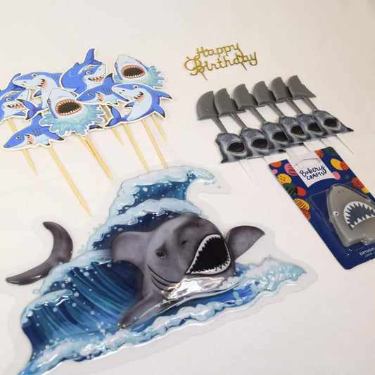 Oasis Supply, 23 Piece SHARK Cake Toppers for Parties, Kit #1 Includes a Shark Candle, 8" Pop-Top, Fin Cake Picks, Shark Mouth Cupcake Picks, Jumping Shark Pics, and a Happy Birthday Sign
