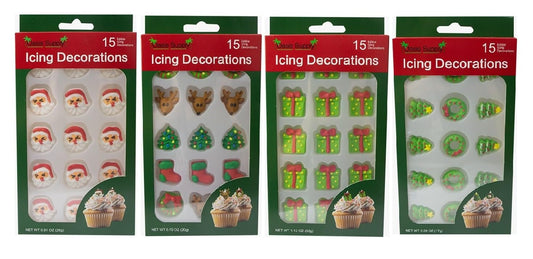 Christmas Edible Cake Decorations - Candy or Cupcake Topper - Santa Face, Trees, Wreaths, Reindeer, Xmas Boots, & Christmas Presents, 60 Pieces Total