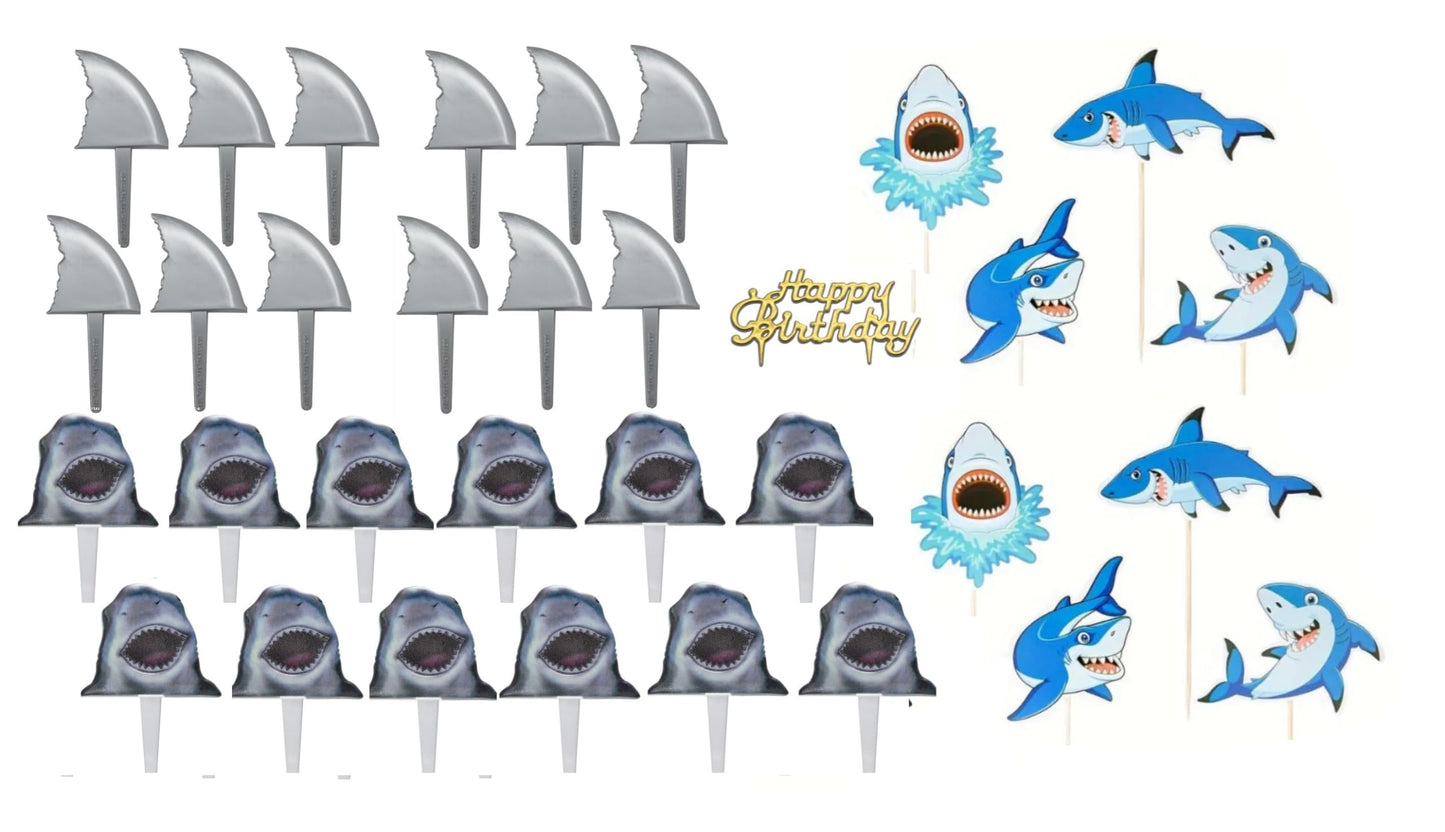 Oasis Supply, 33 Piece SHARK Cake Toppers for Parties, Kit #2 Includes 12-Shark Fin Cake Picks, 12-Shark Mouth Cupcake Picks, 8-Jumping Shark Pics, and a Happy Birthday Sign