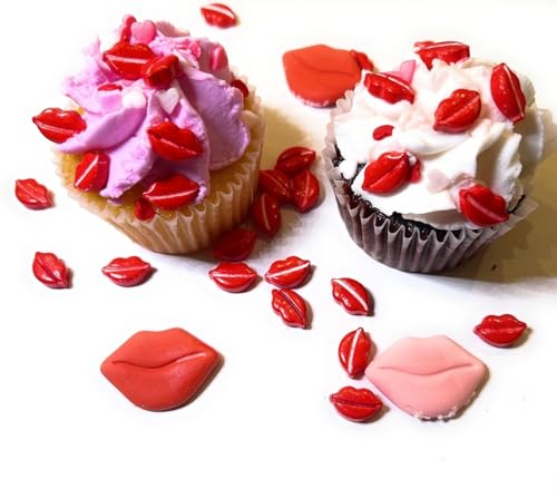 Valentine Cake Decorations - Mother's Day Edible Icing Decorations - Valentine's Day Candy Hearts Topper, Hearts, Mini Bows, & Red Lips Assortment - 8 oz