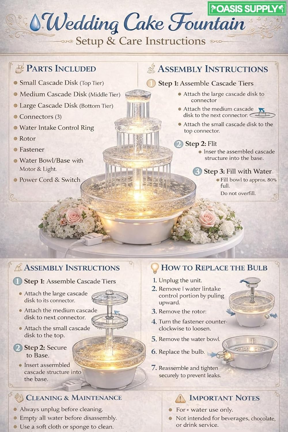 Elegant 12.5" High x 10" Wide Water Fountain for Cakes