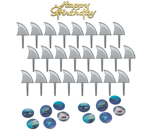 Oasis Supply, 37 Piece Baby Meg SHARK Cake Toppers Party Kit #7, Includes 24 Shark Fin Picks, 12 Shark Stickers, & a Gold HBD Sign