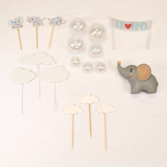 Baby Elephant Kit - 1 Elephant, 3 Small Cloud Picks, 3 Large Cloud Picks, 3 Blue Elephant Picks and Clear Bubble Toppers