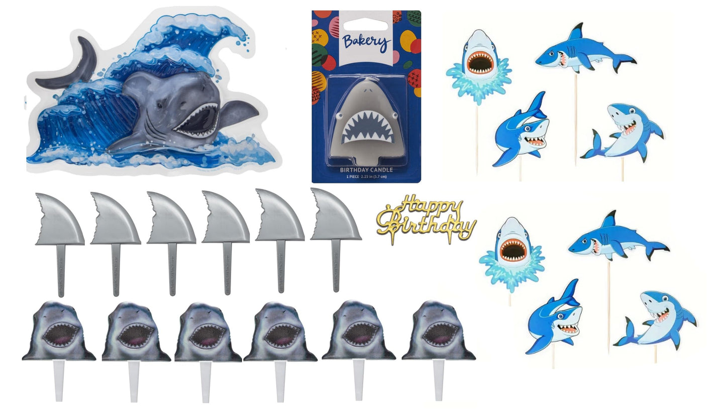 Oasis Supply, 23 Piece SHARK Cake Toppers for Parties, Kit #1 Includes a Shark Candle, 8" Pop-Top, Fin Cake Picks, Shark Mouth Cupcake Picks, Jumping Shark Pics, and a Happy Birthday Sign