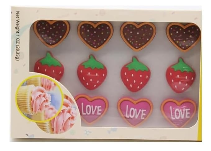 Valentine Cake Decorations - Mother's Day Edible Icing Decorations - Valentine's Day Candy Hearts Topper, Lips, Love, Heart, & Strawberry, 20 count