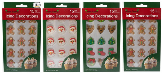 Christmas Edible Cake Decorations - Candy or Cupcake Topper -Gingerbread Man, Santa Face, Trees, Wreaths, Reindeer, & Christmas Boots 60 Pieces Total