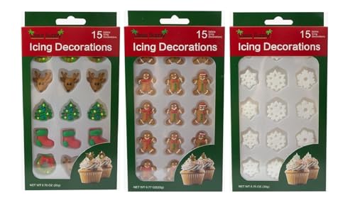 Christmas Edible Cake Decorations - Candy or Cupcake Topper -Gingerbread Man, Reindeer, Trees, Wreaths, Boots, and Snowflakes, 45 Pieces Total