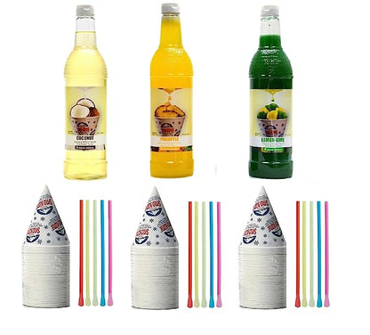 Snow Cone Kit - Bundle of Syrup Bottles, Spoon Straws, Cups - Snow Cone Supplies for Ice Chips, Sodas, & More