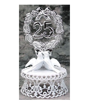 Anniversary Cake Topper - E25-  Silver Anniversary with Doves