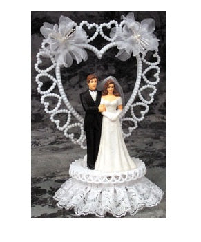 Wedding Cake Topper - E780 -  Bride & Groom, Hearts & Flowers Topper, 9 1/2" high