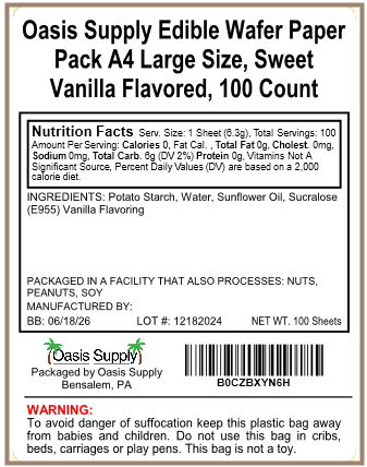 Oasis Supply Edible Wafer Paper Pack A4 Large Size, Sweet Vanilla Flavored, 25 or 100 Count