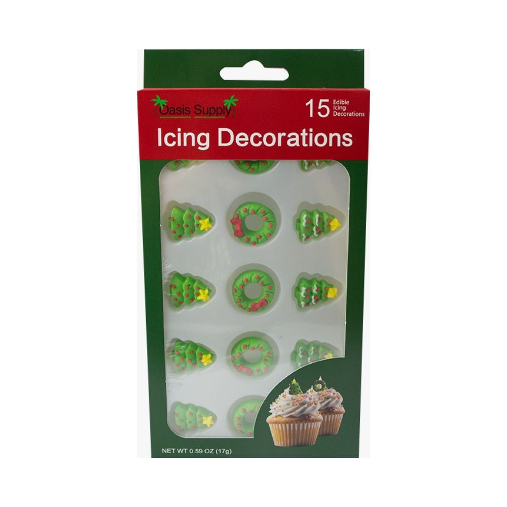 Christmas Holidays Edible Cake Decorations - Candy or Cupcake Topper - 15 Count Trees and Wreaths