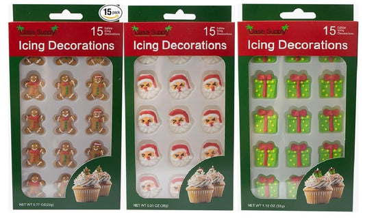 Christmas Edible Cake Decorations - Candy or Cupcake Topper -Gingerbread Man, Santa Face, Presents, 45 Pieces Total