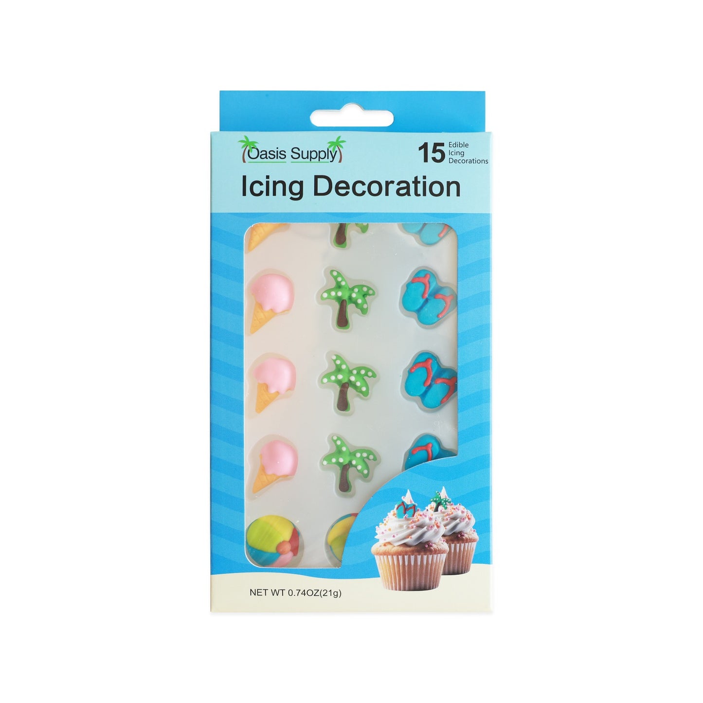 Coming Soon Pre-Order Available *** Oasis Supply - Beach - Cake Or Cupcake Topper Sugars, 15 Count Set, Ice Cream, Palm Trees, Sandals, Beach Ball