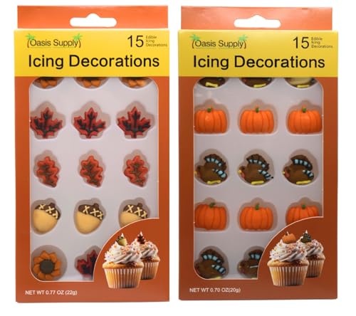 Thanksgiving Fall Edible Cake Decorations - Candy or Cupcake Topper - Assorted Leaves, Acorns, Turkeys, and Pumpkins, 30 Pieces Total