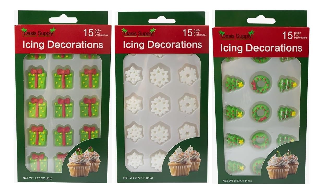 Christmas Edible Cake Decorations - Candy or Cupcake Topper -Christmas Presents, Winter Snowflakes, Trees and Wreaths, 45 Pieces Total