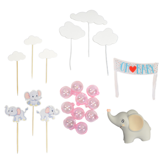 Baby Elephant Kit - 1 Elephant, 3 Small Cloud Picks, 3 Large Cloud Picks, 3 Pink Elephant Picks and Pink Bubble Toppers