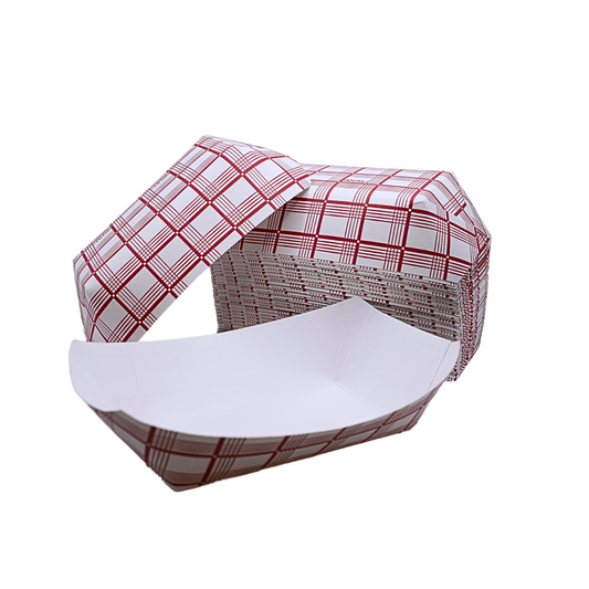 Disposable Red and White Checkered Paperboard Food Trays, Carnivals, Fairs, Festivals, and Picnics. Holds Nachos, Fries, etc. Eco Friendly, Holds .25 LB., Ct. 100 pcs