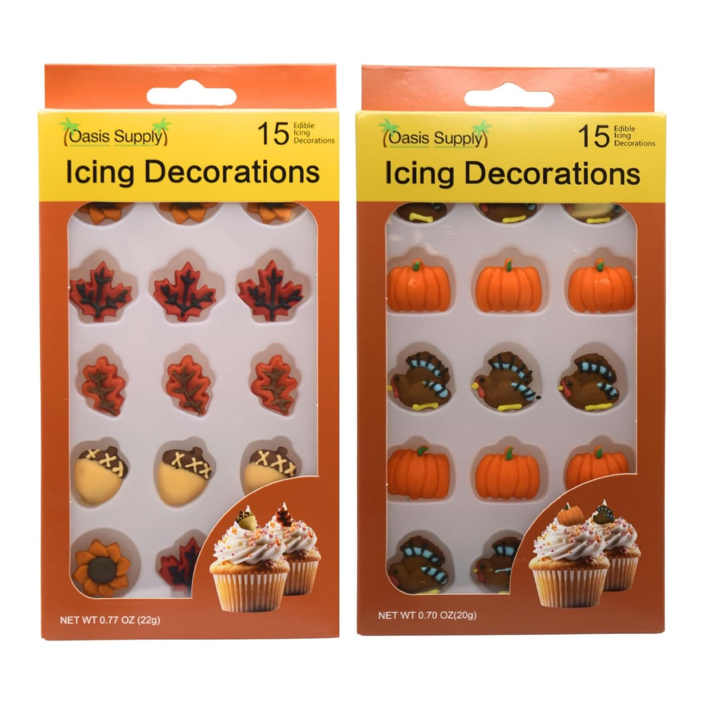 Thanksgiving Fall Edible Cake Decorations - Candy or Cupcake Topper - Assorted Leaves, Acorns, Turkeys, and Pumpkins, 30 Pieces Total