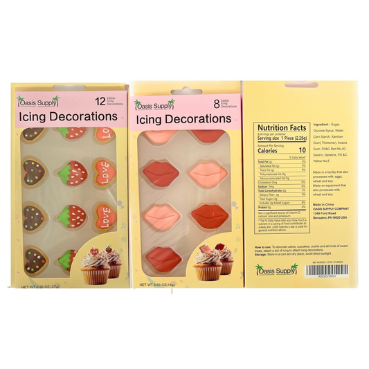 Valentine Cake Decorations - Mother's Day Edible Icing Decorations - Valentine's Day Candy Hearts Topper, Lips, Love, Heart, & Strawberry, 20 count